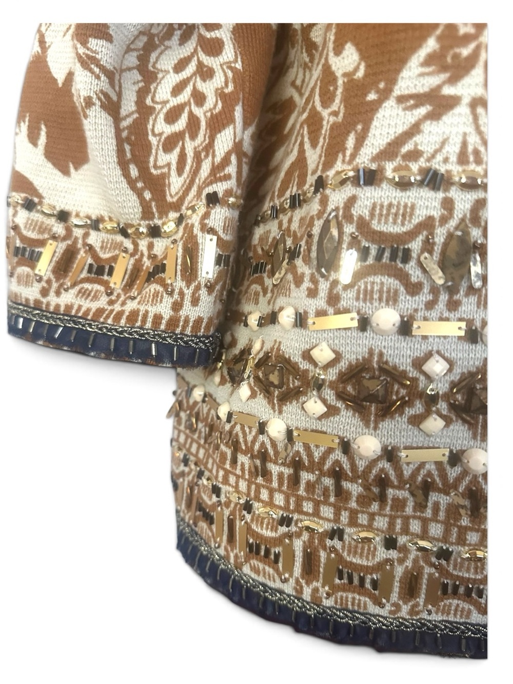 Chico’s NWT Embellished Pattern Cardigan Golden Ochre Beaded Knit Size 2 - Picture 3 of 11